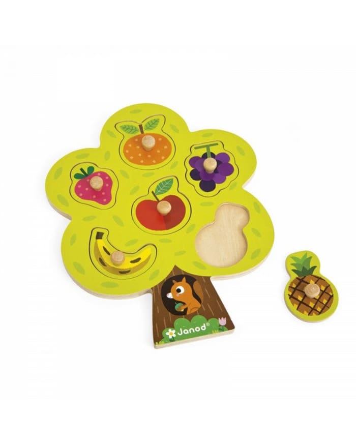 a wooden puzzle with fruits and nuts