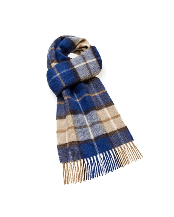 a blue and brown plaid scarf