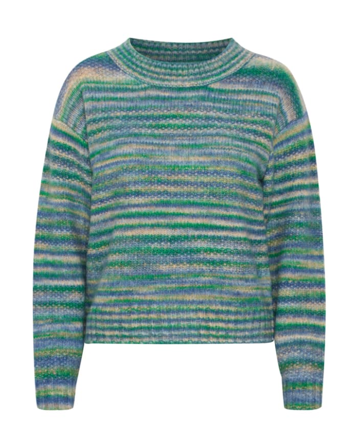 a blue and green striped sweater