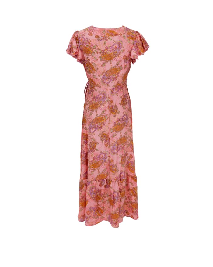 a pink dress with gold and orange floral design