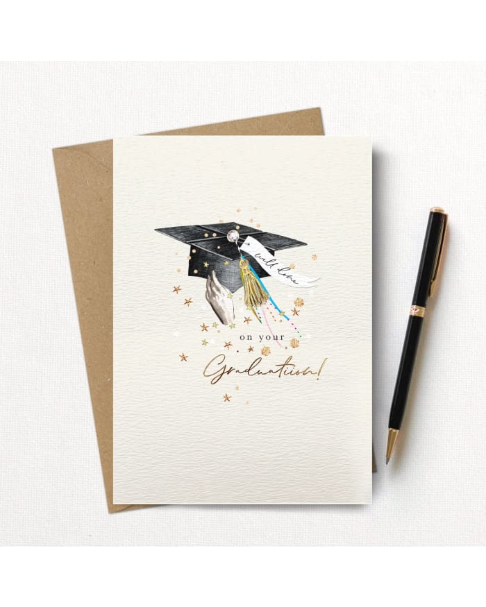 a card with a graduation cap and a pen