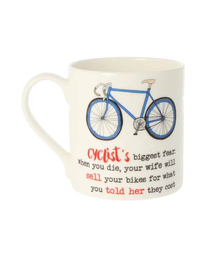 a white mug with a blue bicycle on it