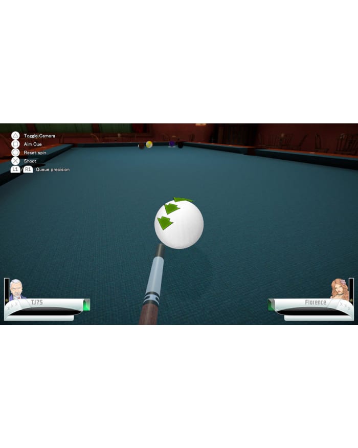 a video game of a pool table with a cue stick and a white ball