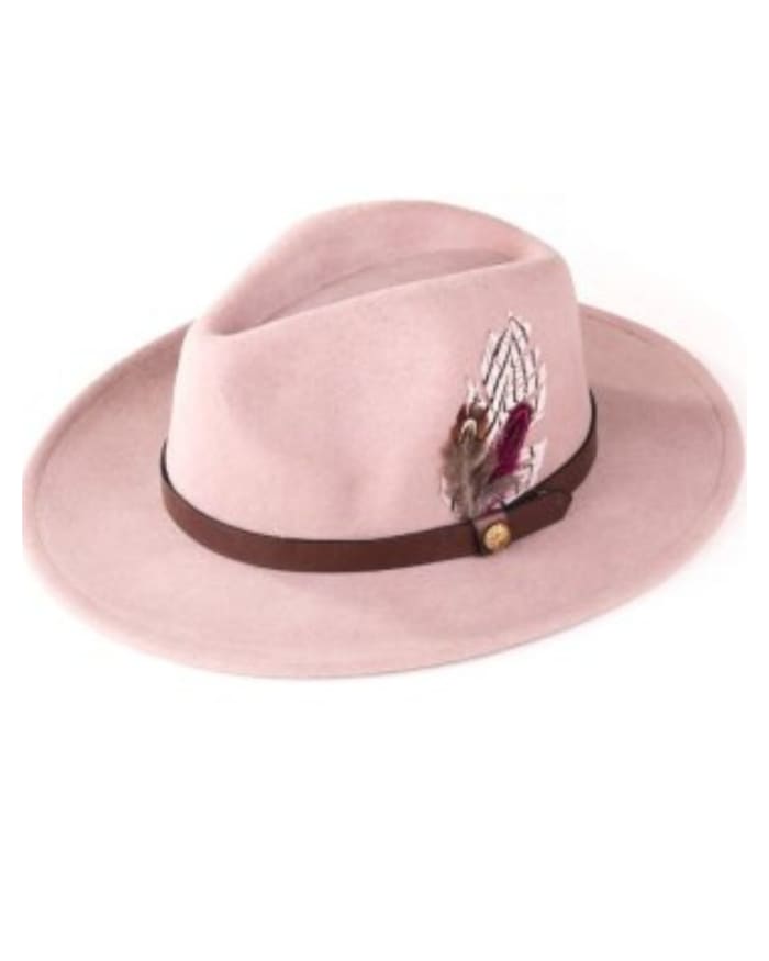 a pink hat with a feather on it