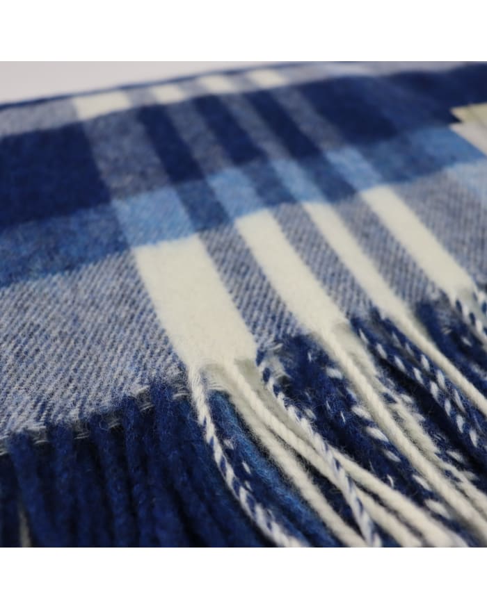 a close up of a blue and white plaid blanket