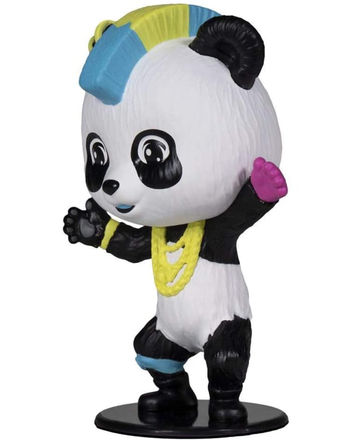 a toy panda with a blue and yellow necklace