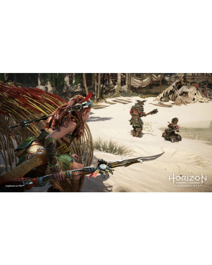 a video game scene of a woman holding a sword and another man in the sand