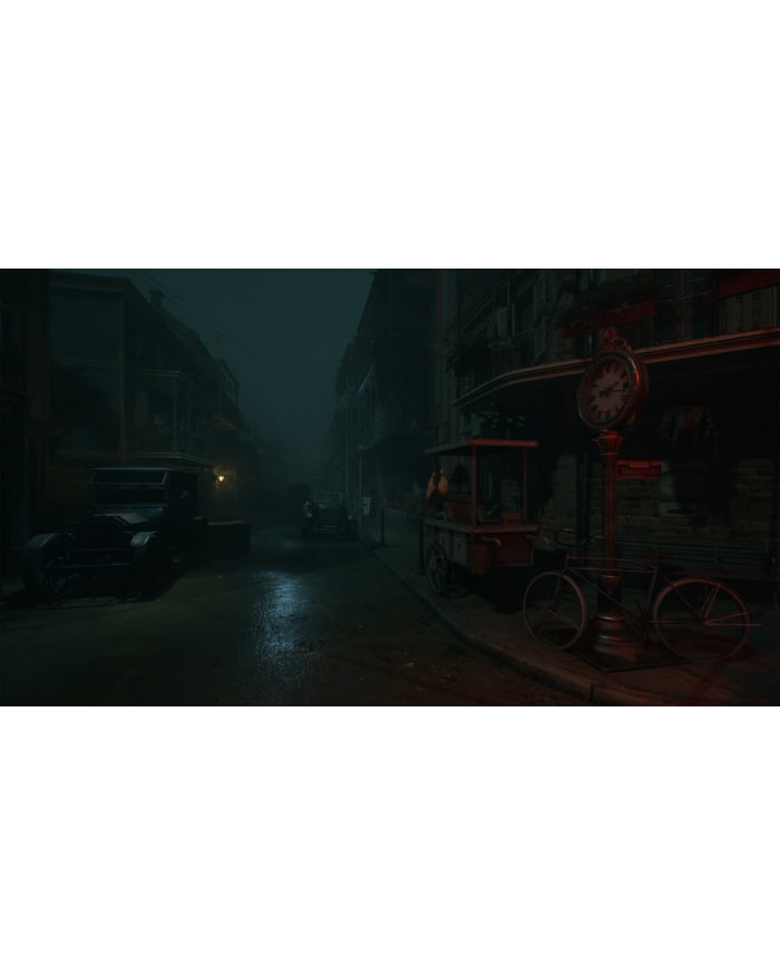 a street with a clock and a cart in the middle of a dark city