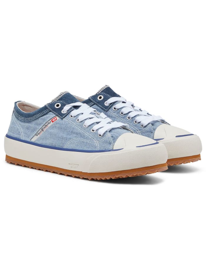 a pair of blue and white sneakers