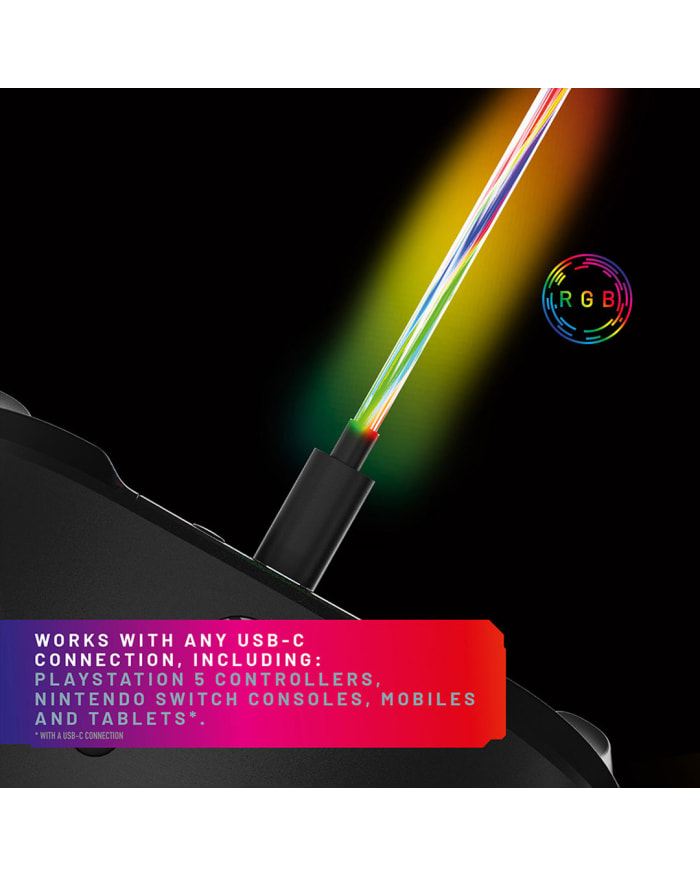 a rainbow colored light coming out of a gaming controller