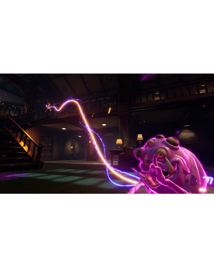 a video game screen with a purple creature and purple light coming out of it