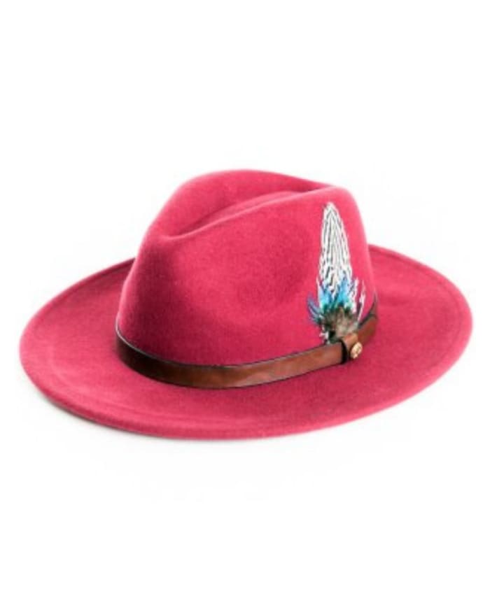 a red hat with a feather on it