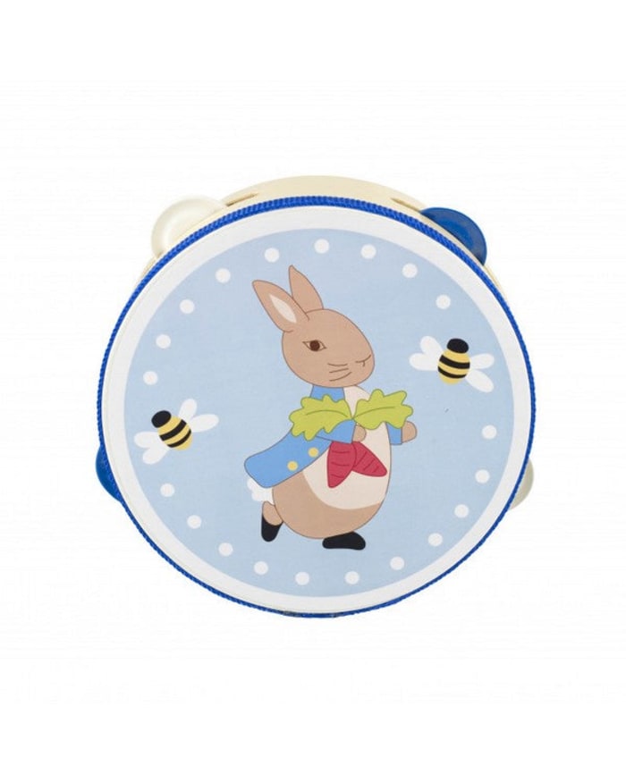 a blue and white tambourine with a cartoon rabbit and bees