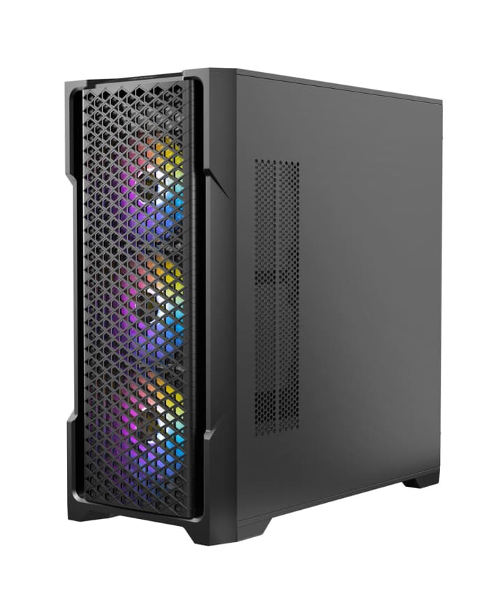 a black computer tower with multicolored discs