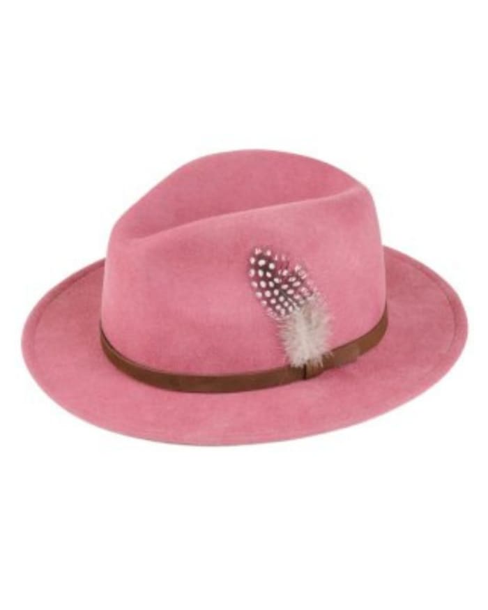 a pink hat with a feather