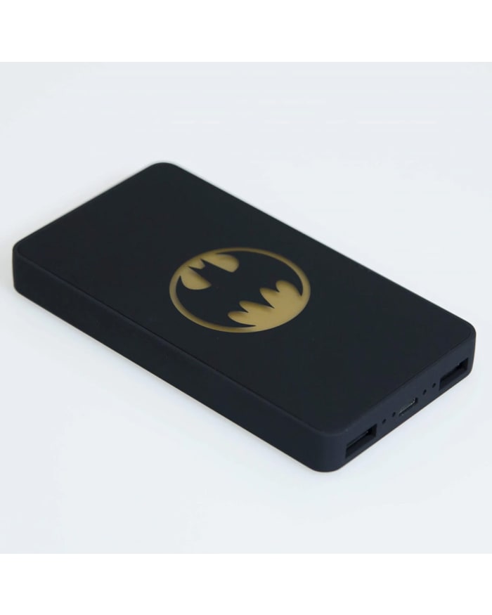 a black power bank with a logo on it