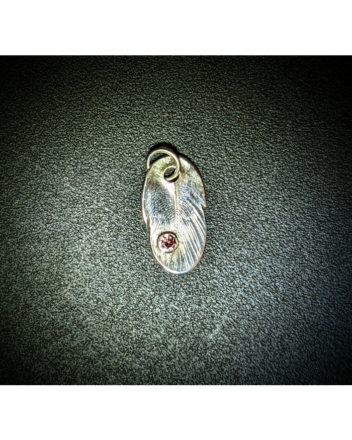 a silver feather with a red gem on a black surface