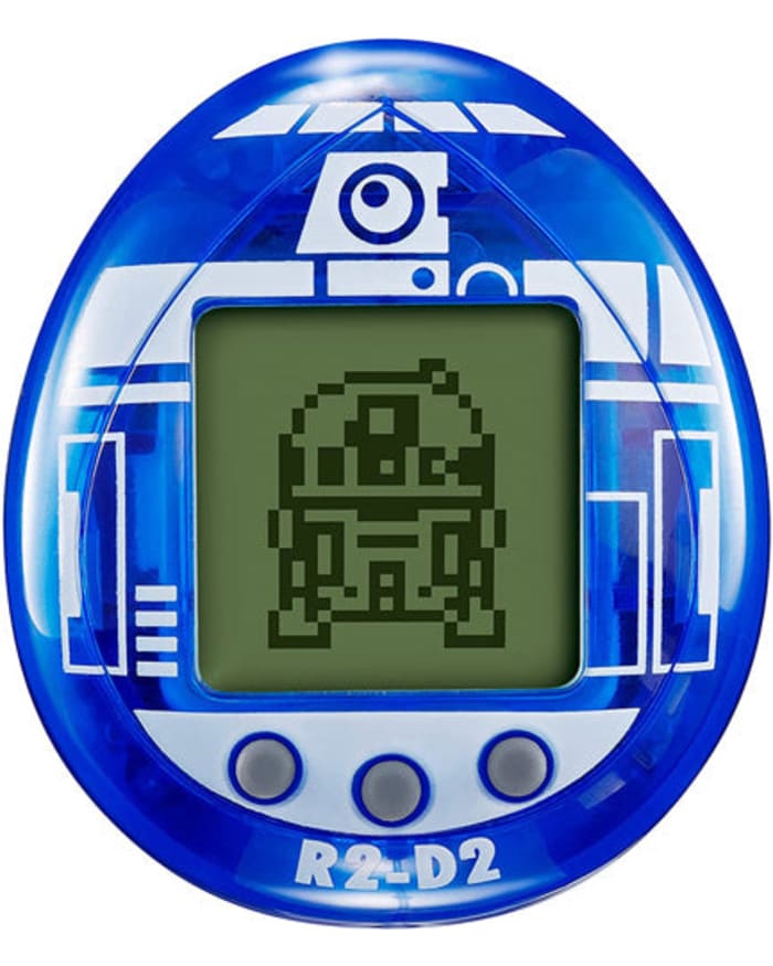 a blue electronic device with a screen and a cartoon robot