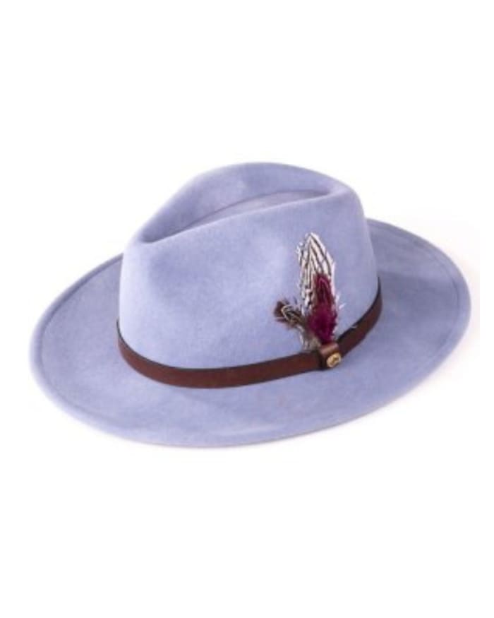 a blue hat with a feather on it