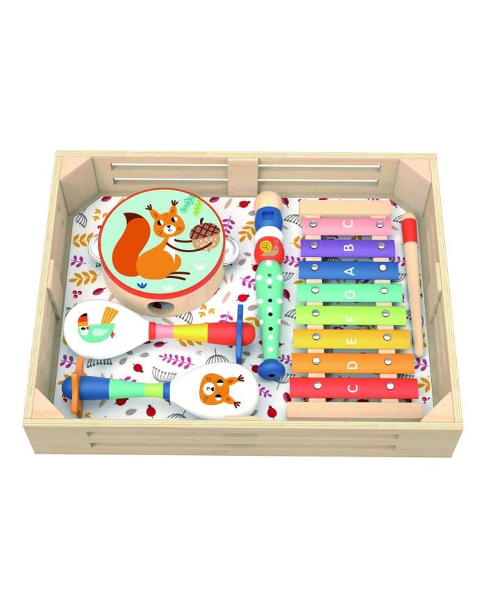 a wooden box with toys