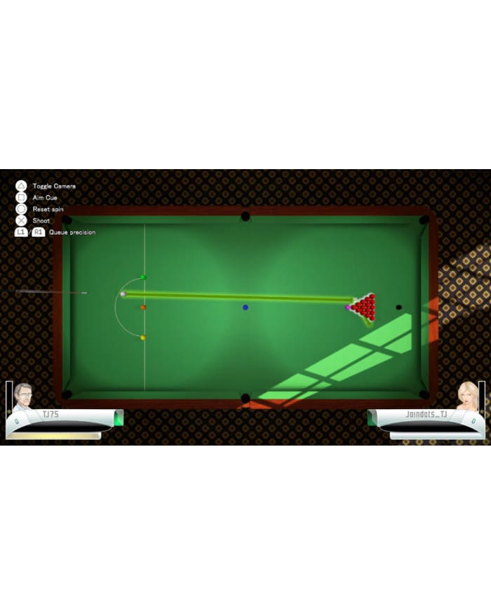 a pool table with balls and a cue stick