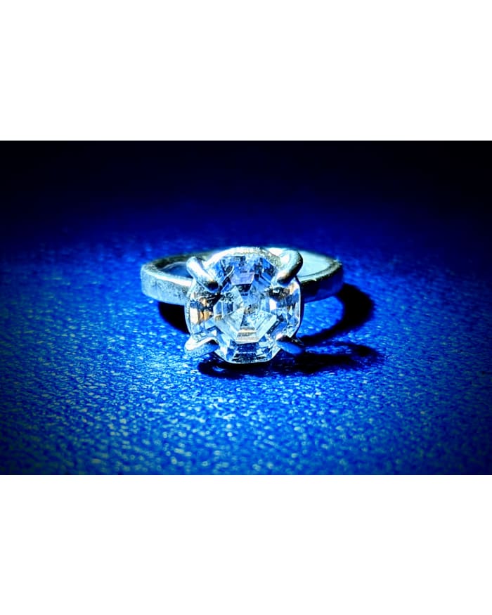 a diamond ring on a blue surface