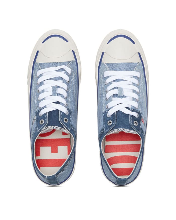 a pair of blue and white sneakers