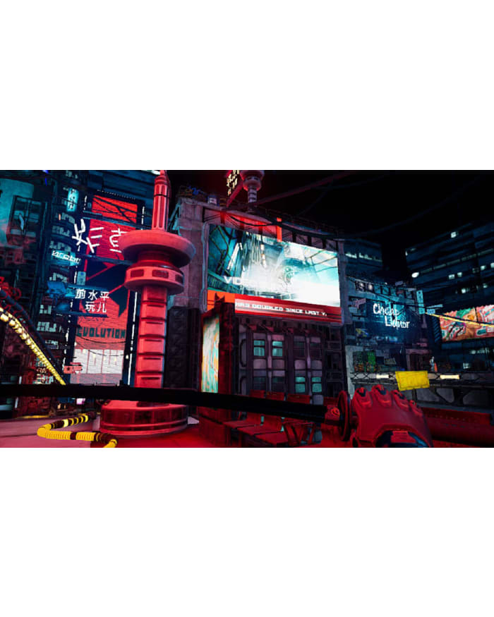 a video game screen with a red and black building