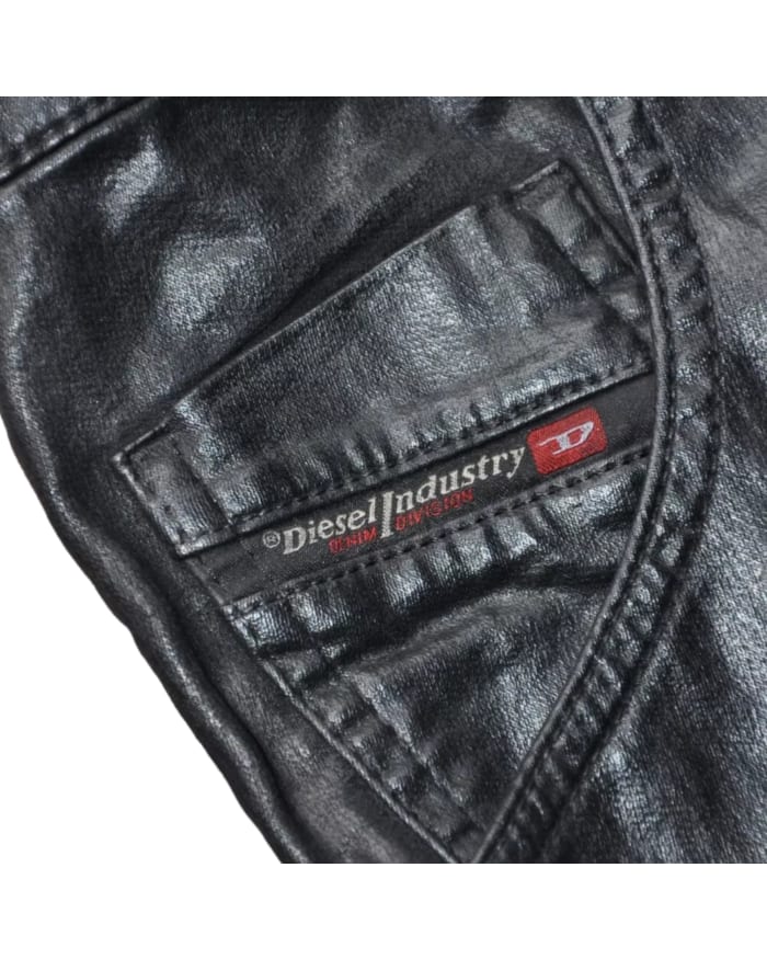 a close up of a black leather trousers