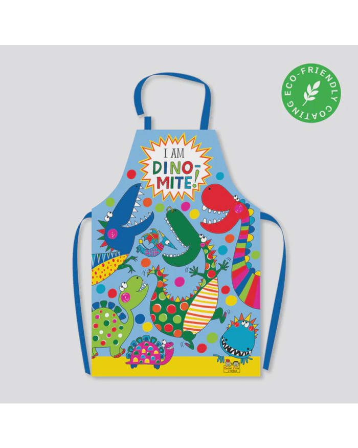 a blue apron with cartoon dinosaurs on it