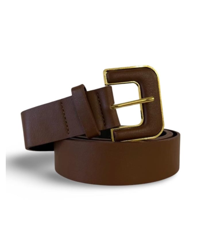 a brown belt with a gold buckle