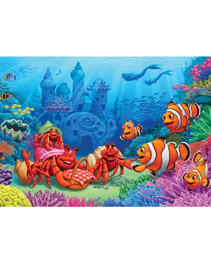 a group of fish and crab in a coral reef