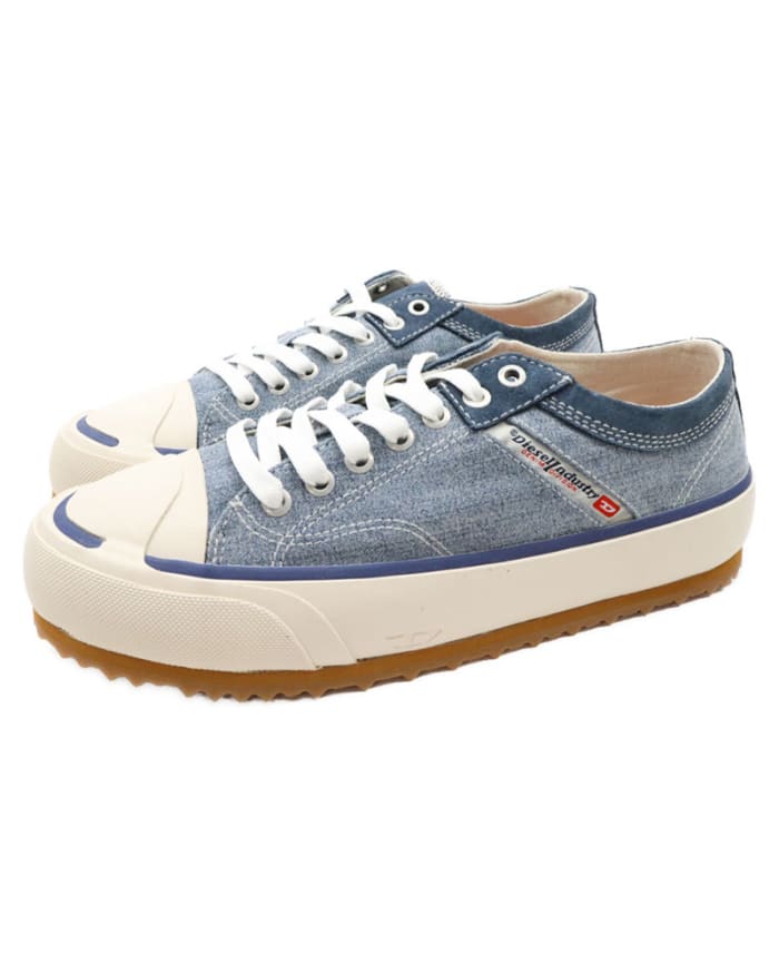 a pair of blue and white sneakers