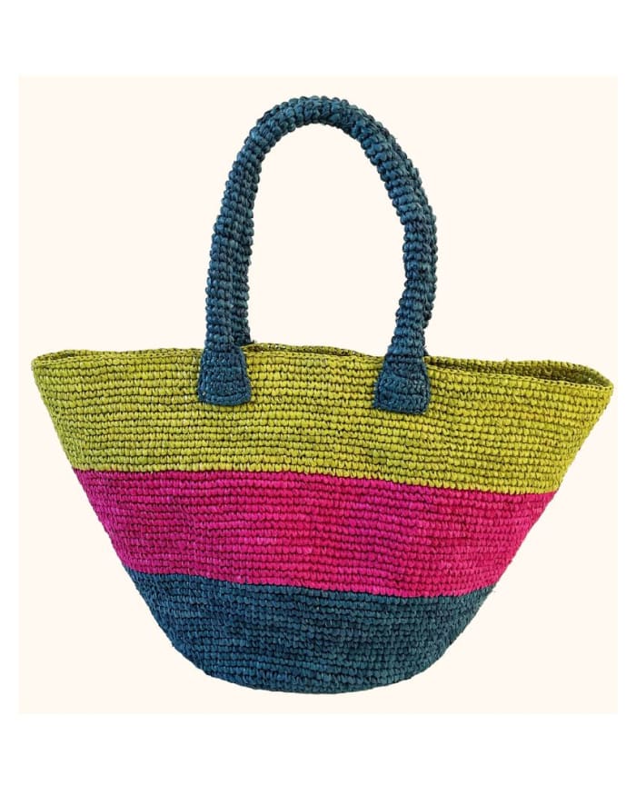 a colorful striped bag with a handle