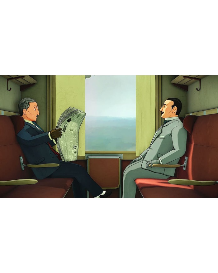 a cartoon of two men sitting in a train reading a newspaper