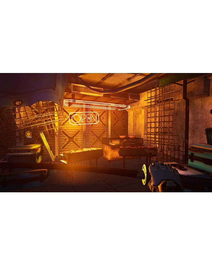 a video game screen shot of a room with a neon sign