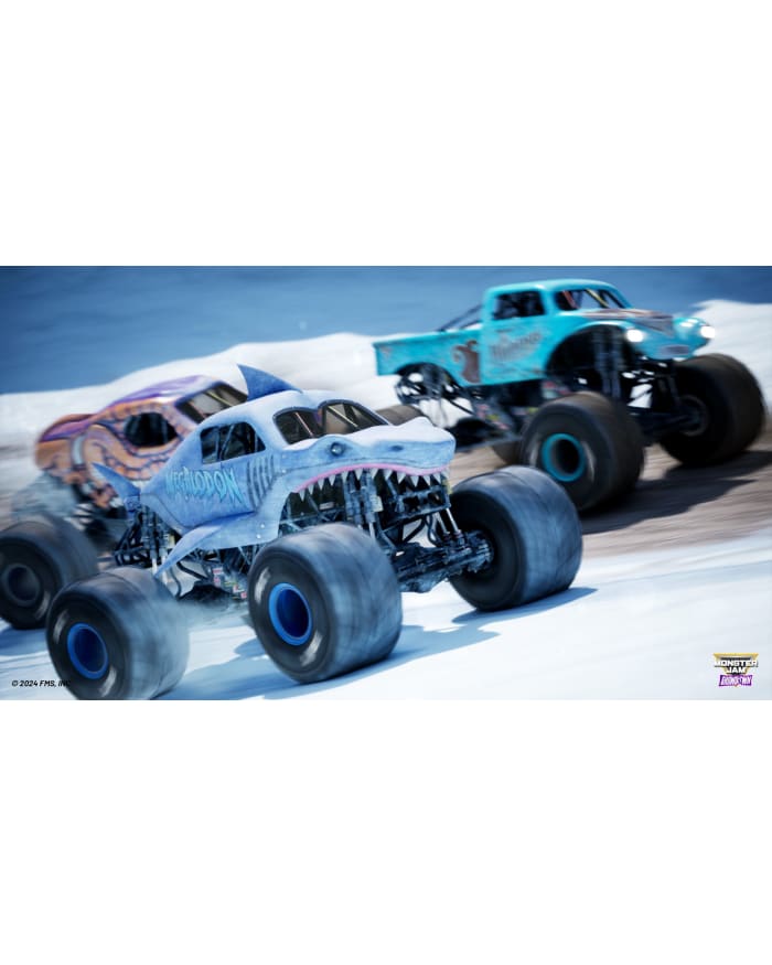 monster trucks racing on the snow