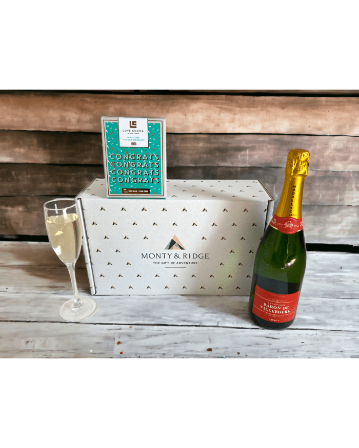 a champagne bottle and a box