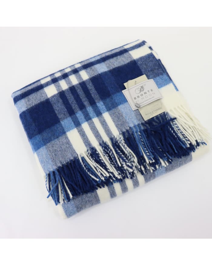 a blue and white plaid blanket