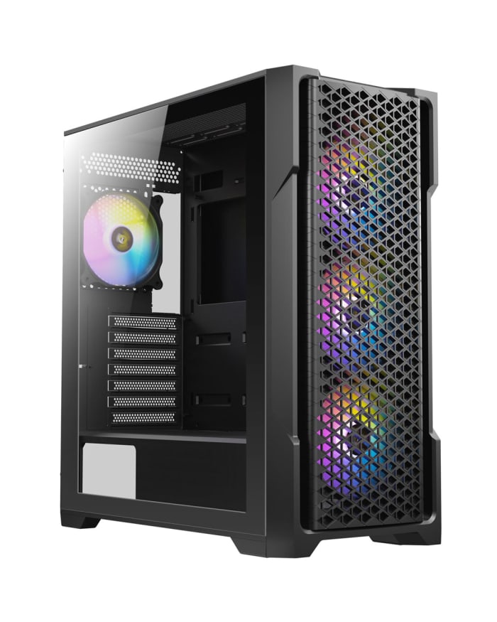 a black computer tower with colorful lights