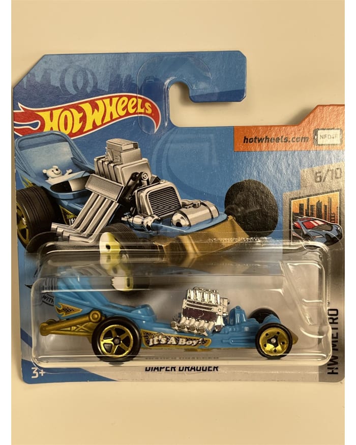 a blue and white toy car in a package