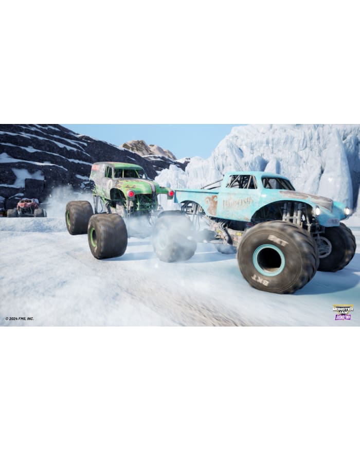 a monster truck driving on a snowy road