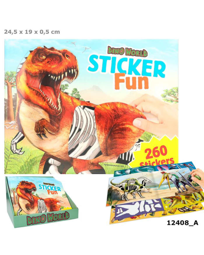 a box of stickers and a dinosaur