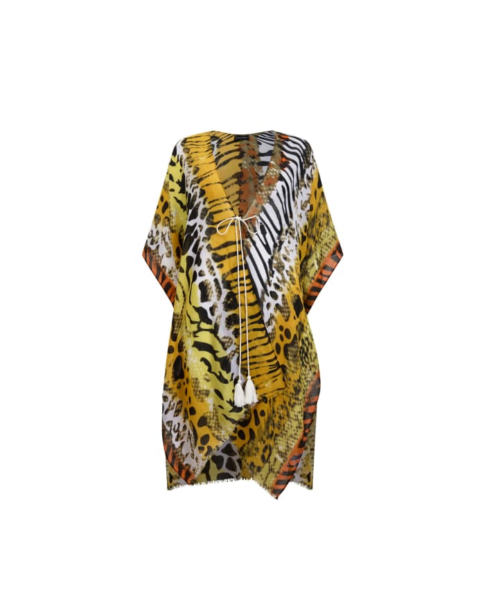 a yellow and black animal print poncho