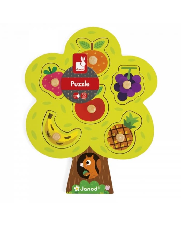 a wooden puzzle with fruits and nuts