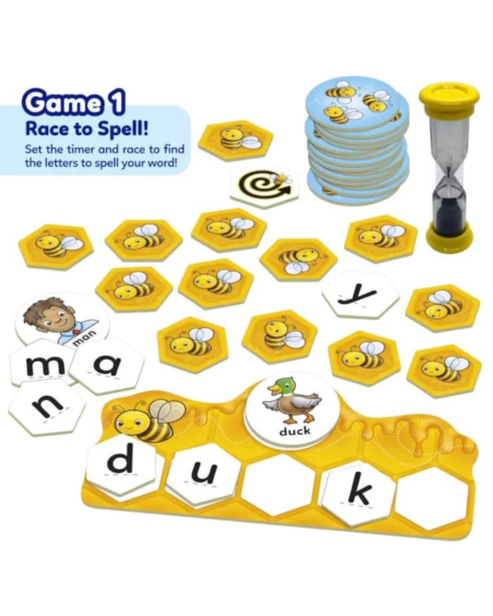 a game of spelling with bees and a hourglass