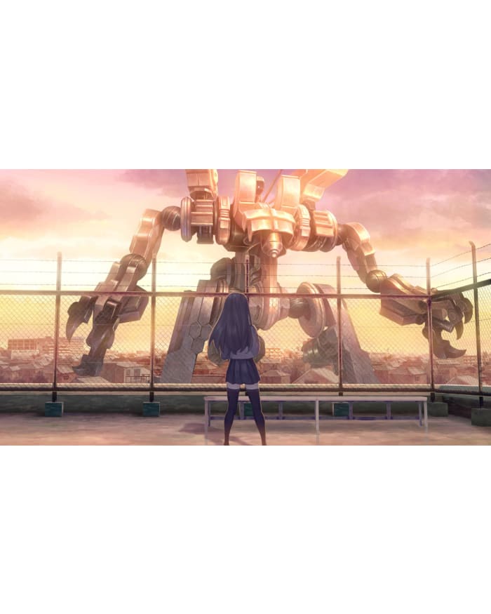 a girl looking at a giant robot