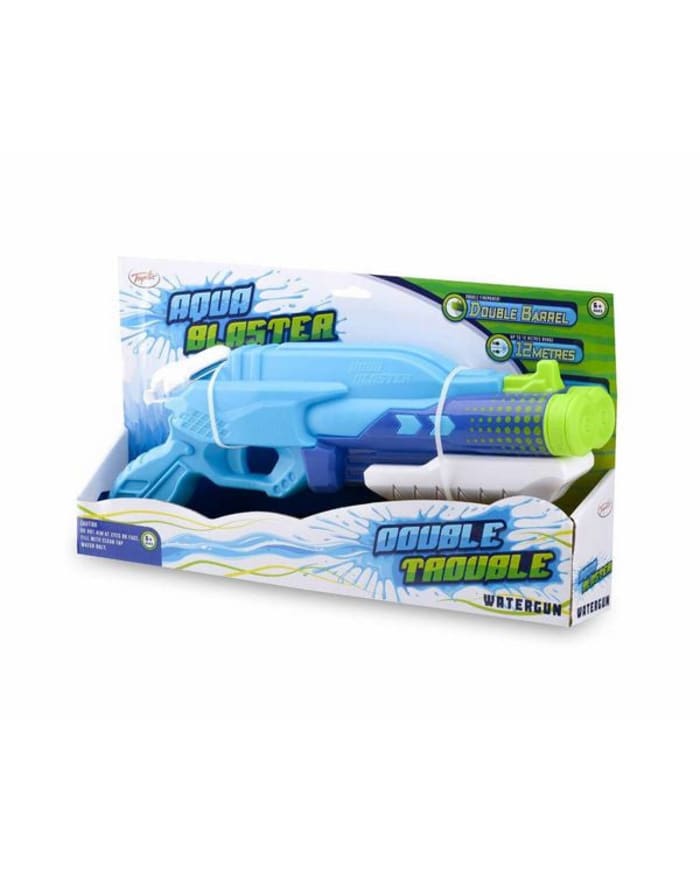 a blue and white water gun in a box