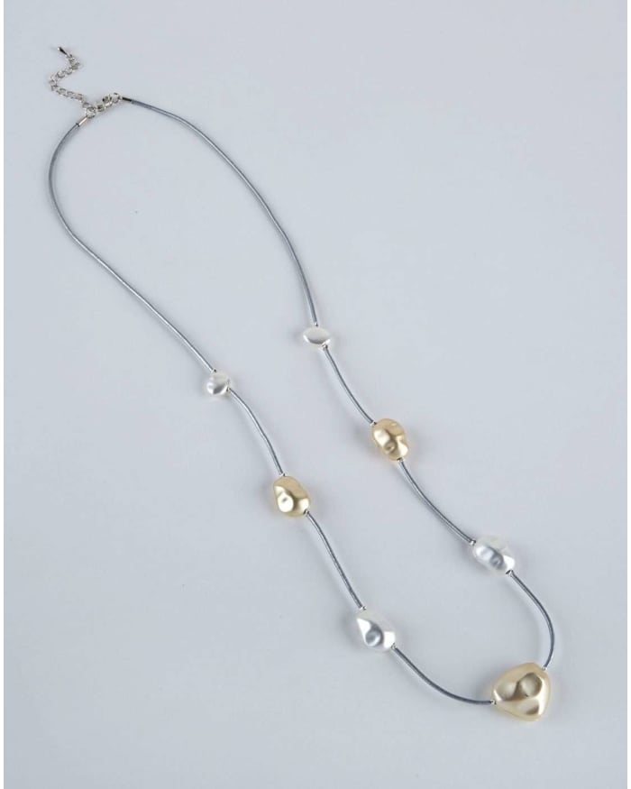 a necklace with gold and silver beads