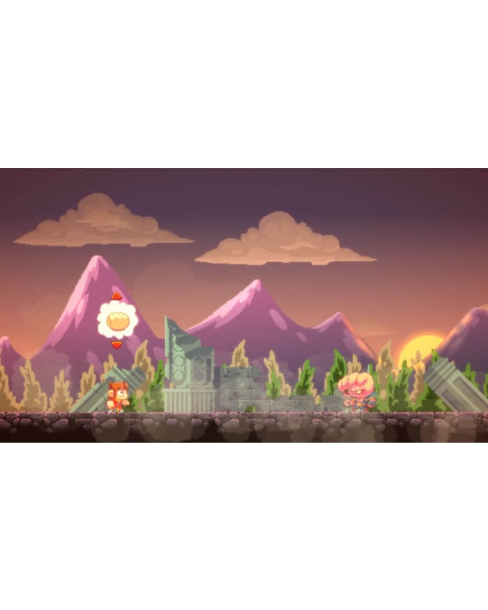 a video game with mountains and a pink and blue sky